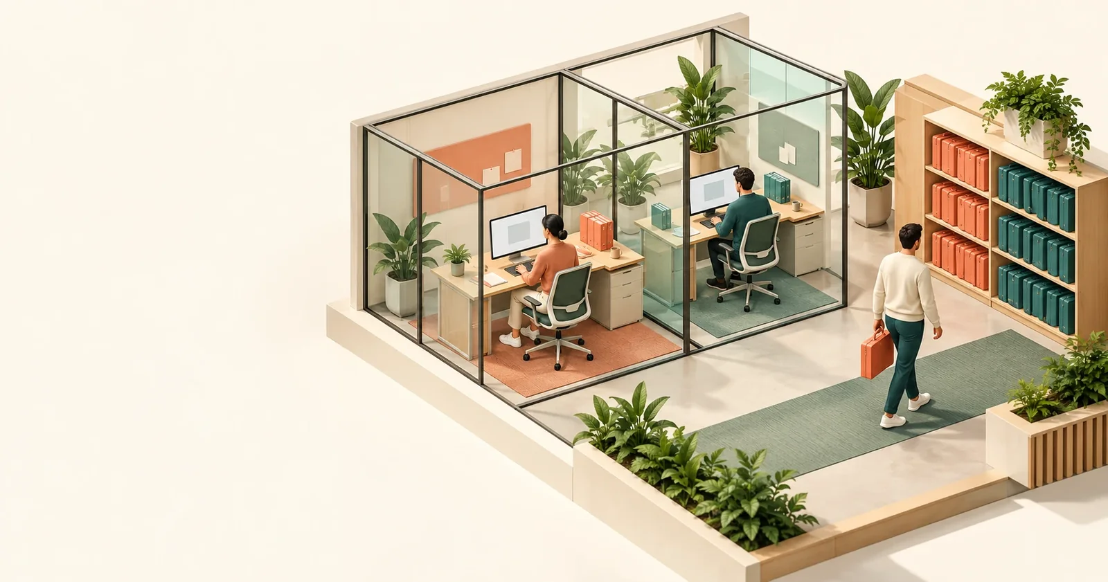 A shared office: two people work in separate glass booths while a third leaves with a briefcase, beside shelves of stored project folders.