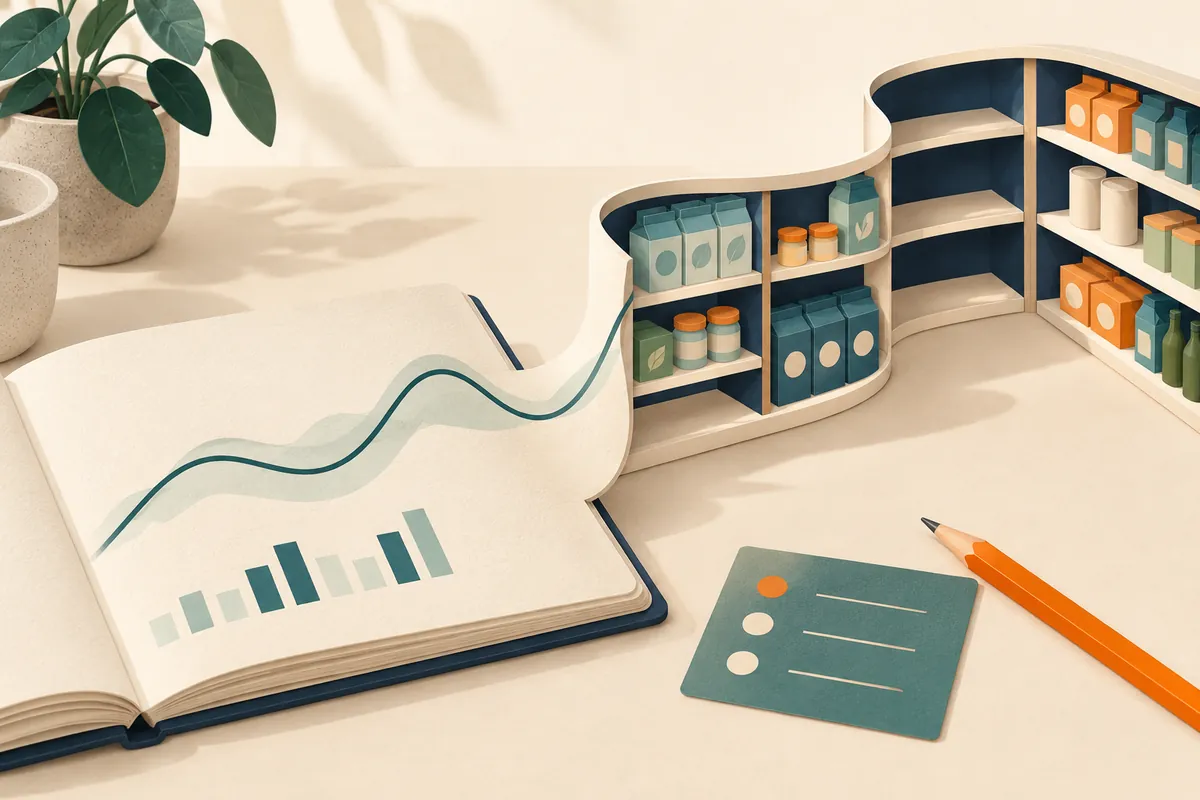 Editorial illustration of a forecasting notebook connected to grocery shelves and a replenishment plan.